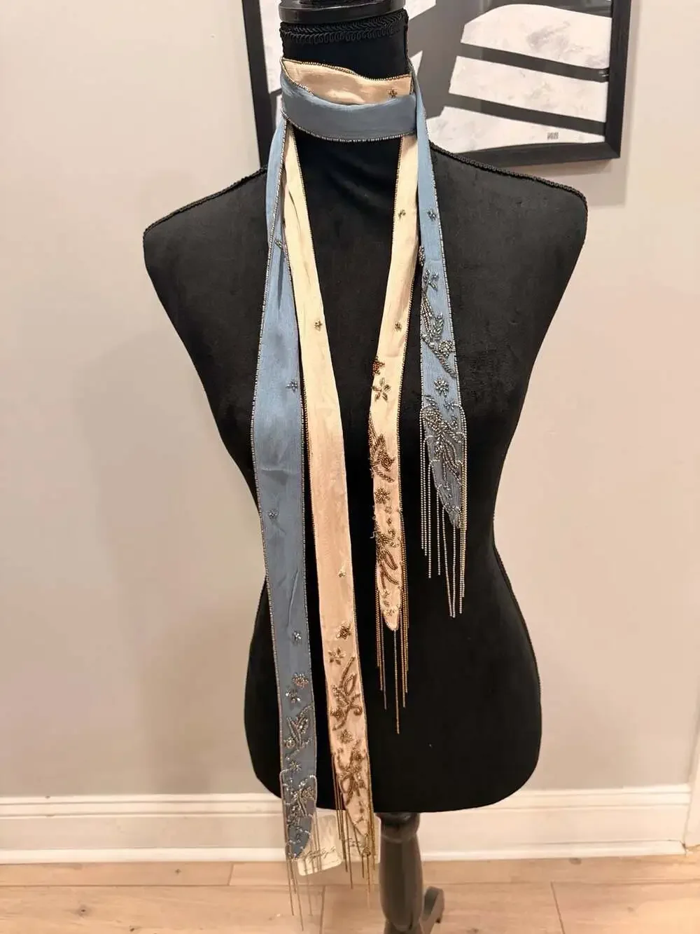 Free People Embroidered Hollis fringe scarf “beige”